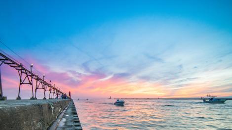 Sunset over a pier in Michigan