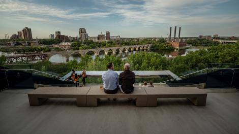 Appreciating views of the Mississippi River from the Guthrie Theater in Minneapolis, Minnesota