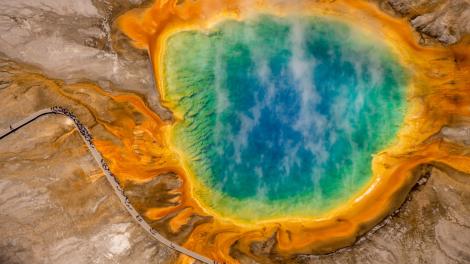 Aerial view of Grand Prismatic Spring and boardwalk in Yellowstone National Park, Wyoming