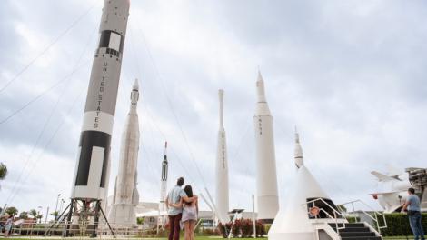 Admiring colossal rockets at the Kennedy Space Center in Merritt Island, Florida