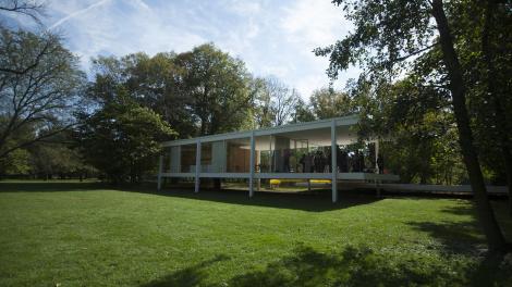Exterior views of the Farnsworth House in Aurora, Illinois