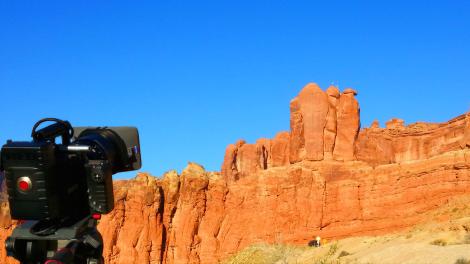 Filming The Penguins rock formations in Arches National Park, Utah Filming The Penguins rock formations in Arches National Park, Utah