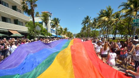 A massive rainbow flag during a Miami Beach, Florida, Pride event