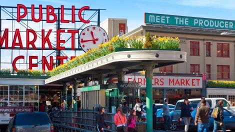 Pike Place Market, established in 1907, at the Elliott Bay waterfront in Seattle Pike Place Market, established in 1907, at the Elliott Bay waterfront in Seattle