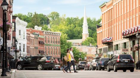 Quaint shops and restaurants along Main Street in Galena, Illinois