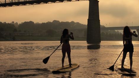 Paddle boarders on the Tennessee River head toward the Walnut Street Bridge