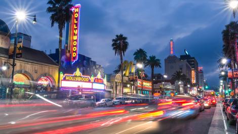 A streetscape of vibrant Hollywood Boulevard in Los Angeles, California