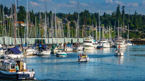 Boats in Puget Sound along the Des Moines, Washington, waterfront Boats in Puget Sound along the Des Moines, Washington, waterfront
