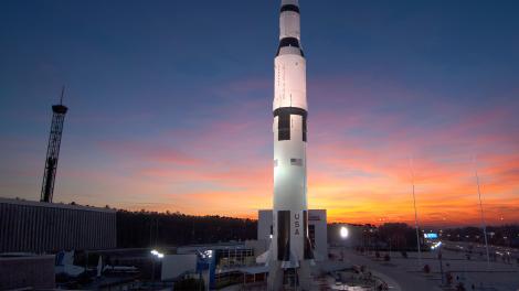 A sunset view of the Saturn V rocket at the U.S. Space and Rocket Center in Huntsville, Alabama