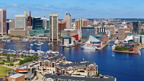 An aerial view of the Inner Harbor in Baltimore, Maryland