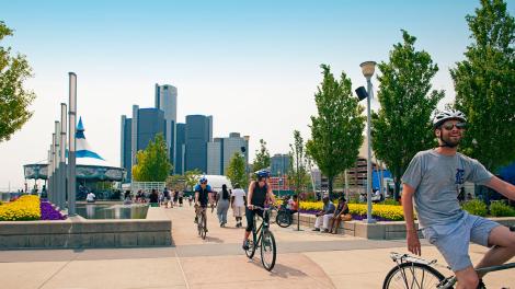 Riding bikes through Rivard Plaza in Detroit, Michigan