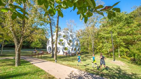 A prototype Fly’s Eye Dome from R. Buckminster Fuller on the grounds of the Crystal Bridges Museum of American Art in Bentonville, Arkansas