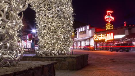 A nighttime scene in Jackson Hole, Wyoming