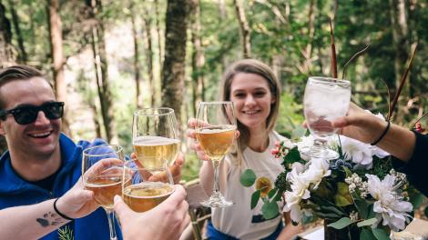 Toasting with wine while dining al fresco in the Potomac Highlands, West Virginia