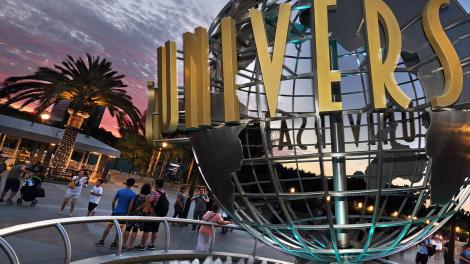 The iconic Universal Studios Hollywood globe at dusk