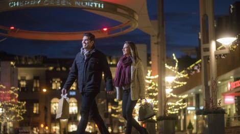 Cherry Creek North shopping at night in Denver, Colorado
