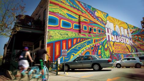 A colorful mural in downtown Houston, Texas