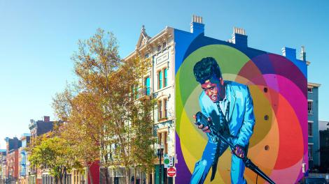 A colorful mural depicting singer James Brown in Cincinnati, Ohio A colorful mural depicting singer James Brown in Cincinnati, Ohio