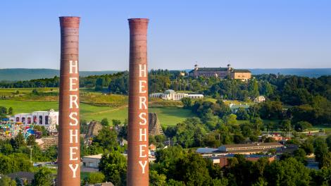 Historic Hershey’s Chocolate Factory smokestacks in Hershey, Pennsylvania