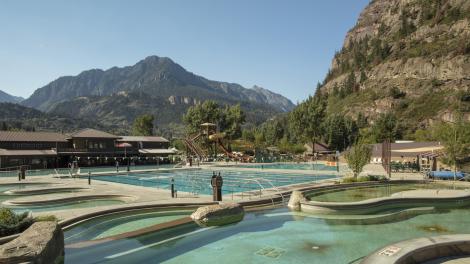 Stunning views of the San Juan Mountains from Ouray Hot Springs Pool & Fitness Center in Ouray, Colorado