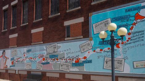 Colorful mural depicting a map of Route 66 in Pontiac, Illinois