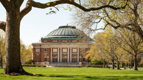 The striking classical architecture of Foellinger Auditorium on the campus of University of Illinois Urbana-Champaign The striking classical architecture of Foellinger Auditorium on the campus of University of Illinois Urbana-Champaign