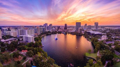 Aerial of Lake Eola in downtown Orlando, Florida