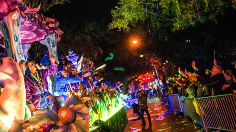 Bright colors and high spirits at a Mardi Gras parade in Mobile, Alabama