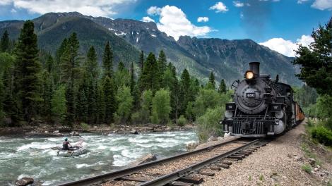 The Durango & Silverton Narrow Gauge Railroad travels through the San Juan National Forest near Durango, Colorado
