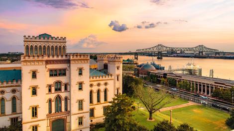 The Old State Capitol and Riverfront Plaza at sunset  The Old State Capitol and Riverfront Plaza at sunset