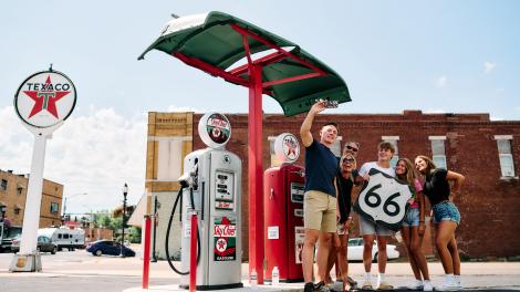 Snapping photos at a restored Texaco gas station in Galena, Kansas