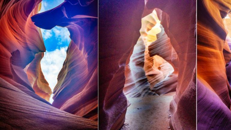 The striated rock of the Antelope Canyon glows in pastel hues.