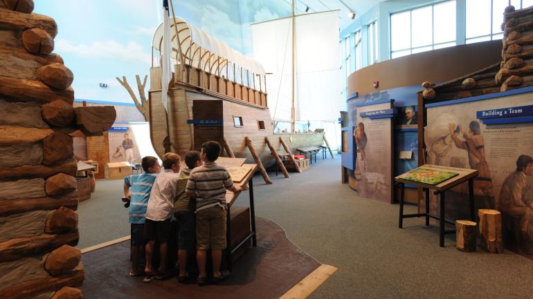 Exploring exhibits at the Lewis & Clark Interpretive Center near Hartford, Illinois 