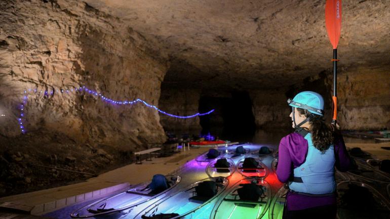 An underground excursion in illuminated kayaks at The Gorge Underground An underground excursion in illuminated kayaks at The Gorge Underground