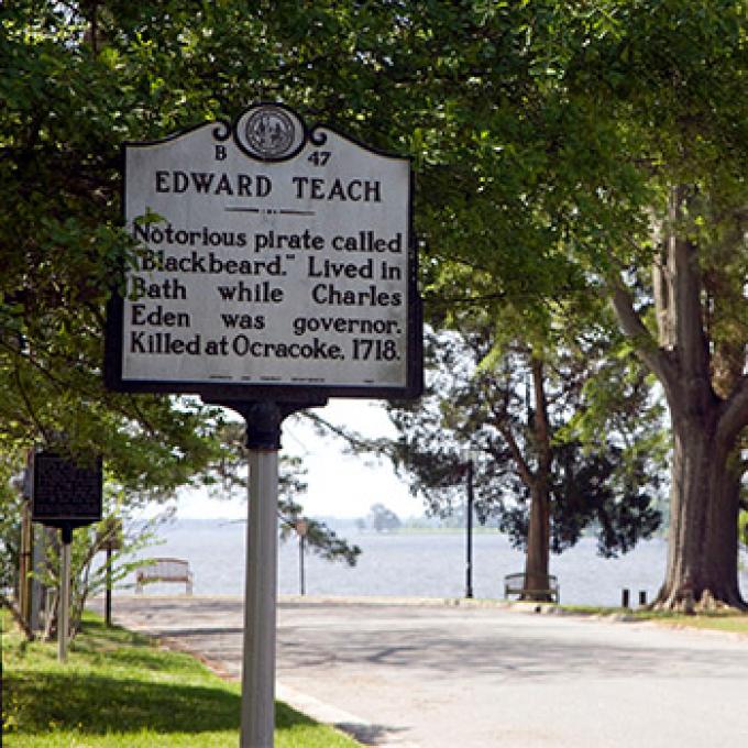 A historical marker recognizing Blackbeard in Bath, North Carolina A historical marker recognizing Blackbeard in Bath, North Carolina