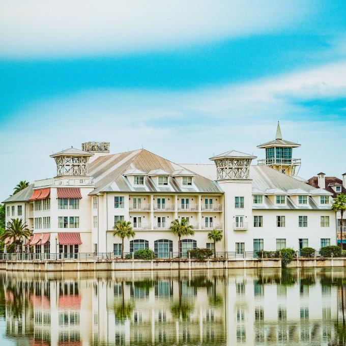 Some of the quaint architecture of Celebration, Florida, reflecting in a pond