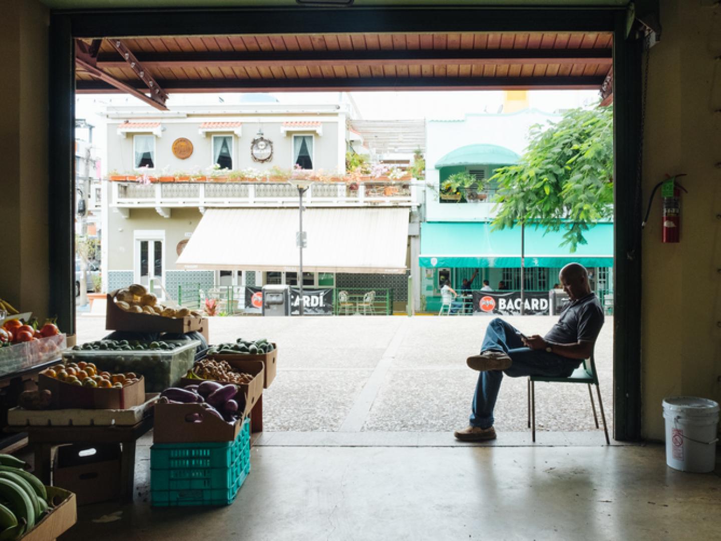 Looking out from the farmers market to the surrounding La Placita de Santurce in Puerto Rico