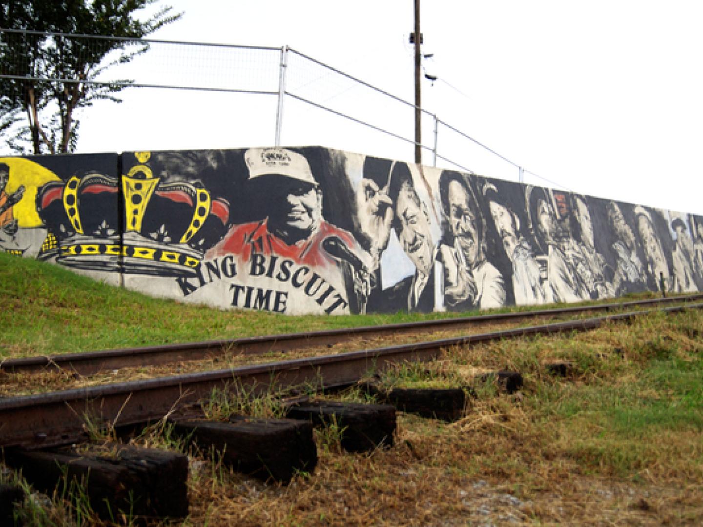Mural art celebrating the King Biscuit Blues Festival in Arkansas
