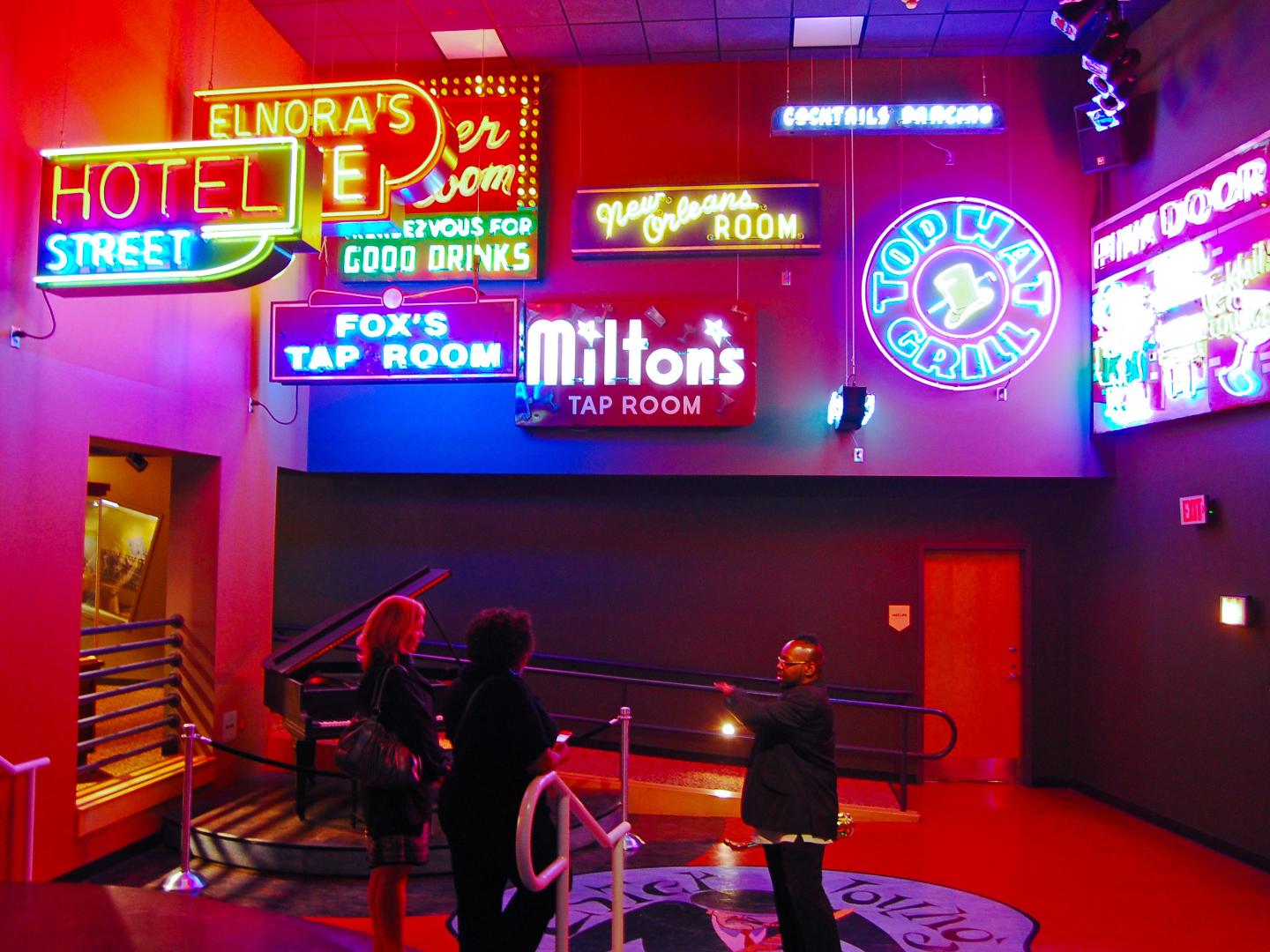 Neon signs celebrating historic jazz venues at the American Jazz Museum in Kansas City, Missouri