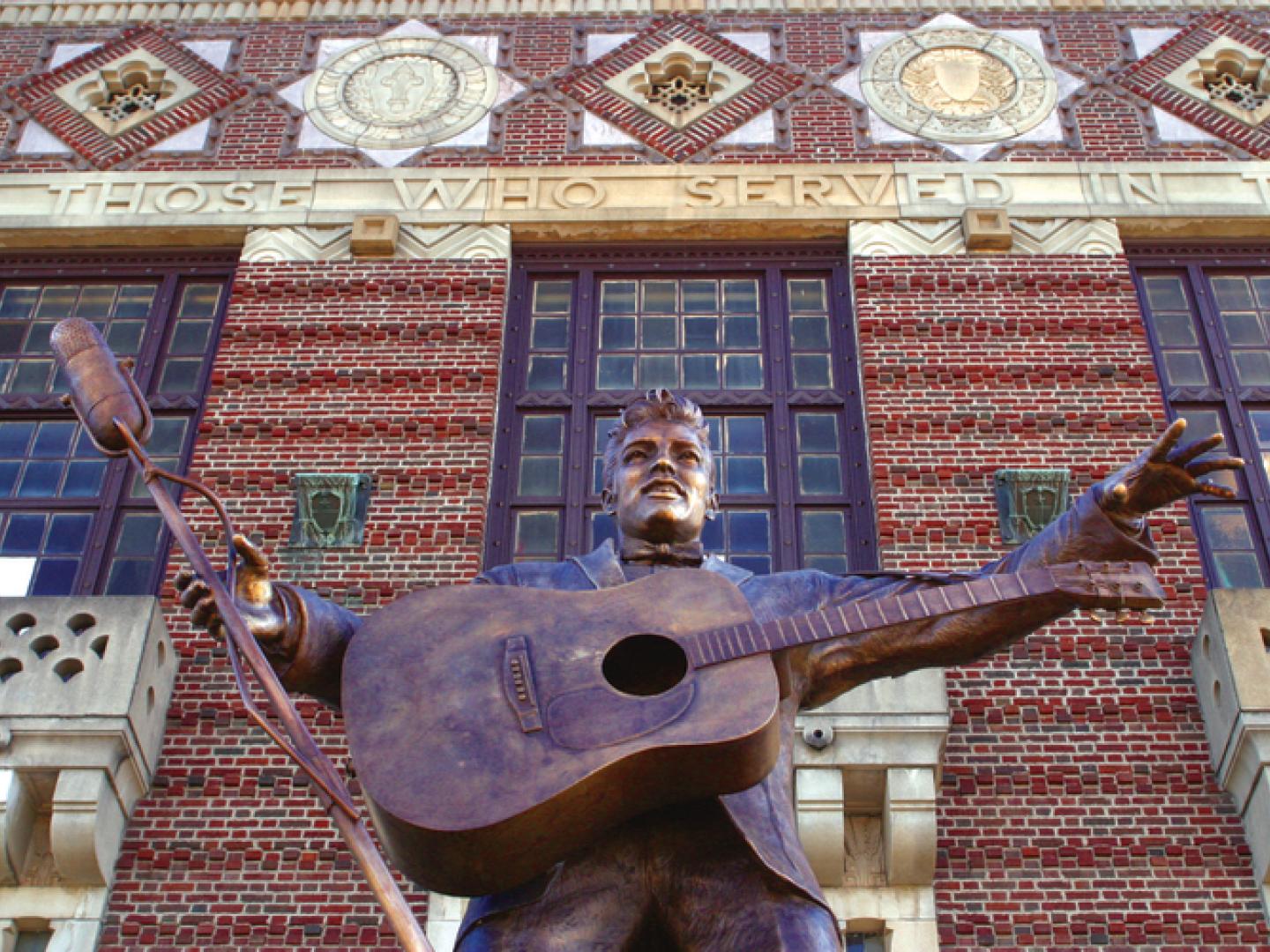 Bronze statue of Elvis Presley outside the Shreveport Municipal Auditorium in Louisiana