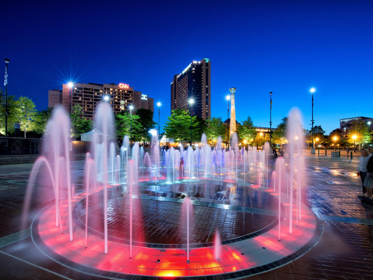 Centennial Olympic Park in Atlanta, Georgia, at dusk