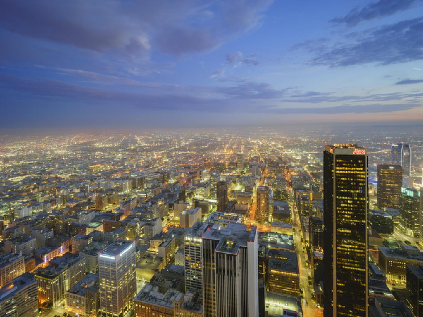 Aerial view of the Los Angeles, California, skyline at twilight