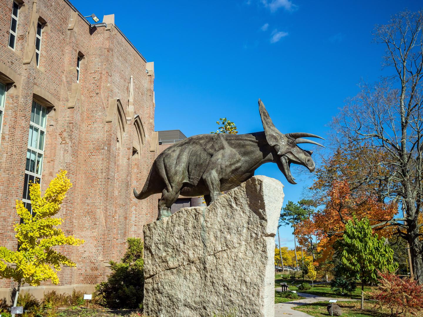 A dinosaur sculpture outside the Peabody Museum of Natural History in New Haven, Connecticut