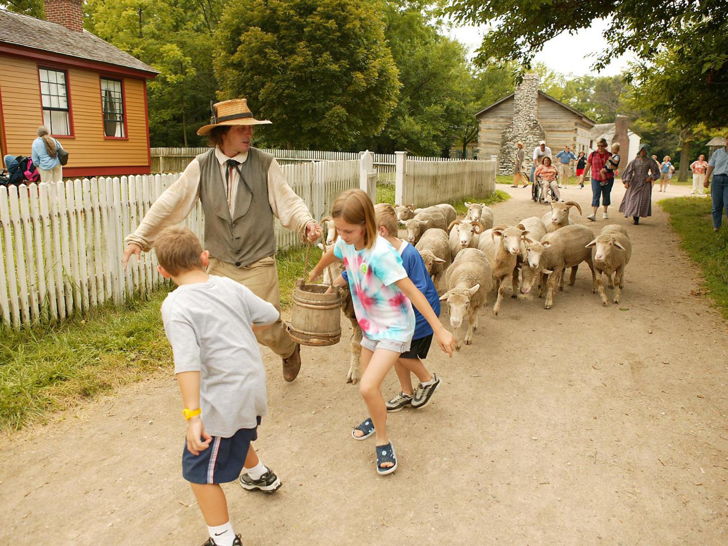 Kids exploring Conner Prairie Interactive History Park in Fishers, Indiana