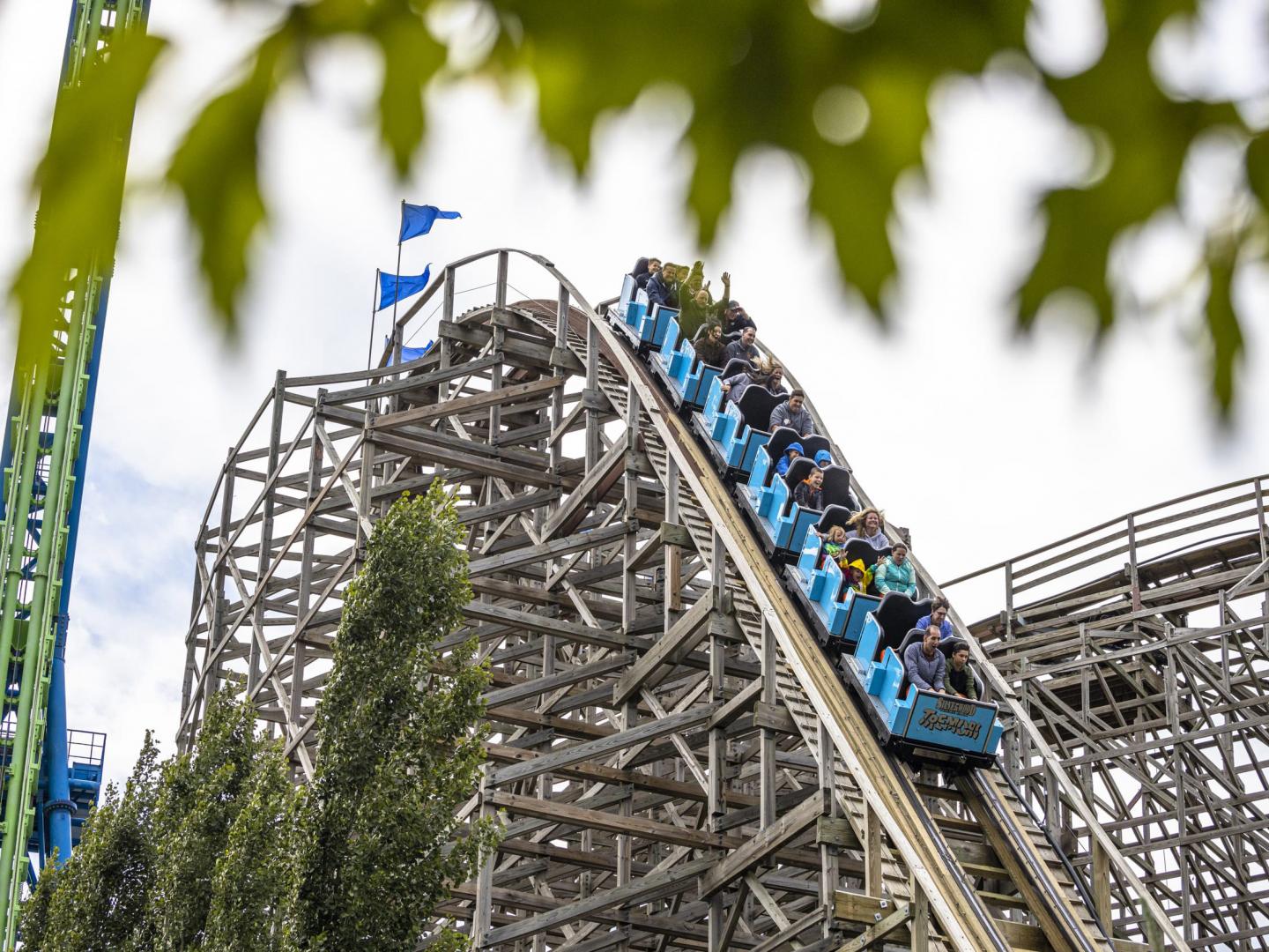 Riding the Tremors wooden roller coaster at Silverwood in Idaho