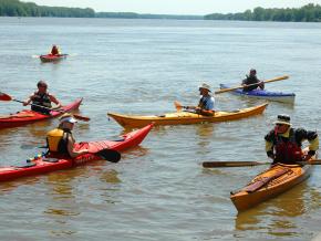 A group kayaking on the Mississippi River A group kayaking on the Mississippi River