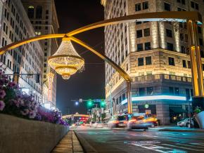 Ornate chandelier hanging above Euclid Avenue in Playhouse Square downtown Ornate chandelier hanging above Euclid Avenue in Playhouse Square downtown