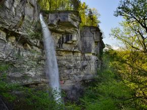 Hiking to a waterfall on the Indian Ladder Trail in Thacher State Park Hiking to a waterfall on the Indian Ladder Trail in Thacher State Park