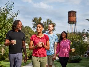 Enjoying craft beverages on the grounds of Castle & Key Distillery in Frankfort, Kentucky