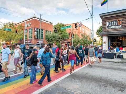 A rainbow-colored sidewalk celebrates LGBTQ pride in Atlanta’s Midtown neighborhood A rainbow-colored sidewalk celebrates LGBTQ pride in Atlanta’s Midtown neighborhood